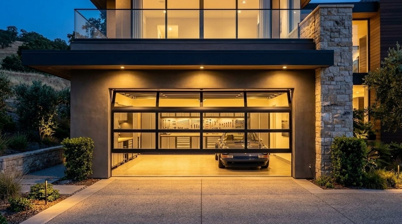Hussain Garage Door Services Garage Door Gliding Open Revealing Warm Illuminated Interior